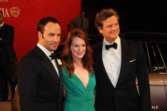 Tom Ford, Julienne Moore e Colin Firth na estráia de "A Single Man", no Festival de Veneza, 2009.