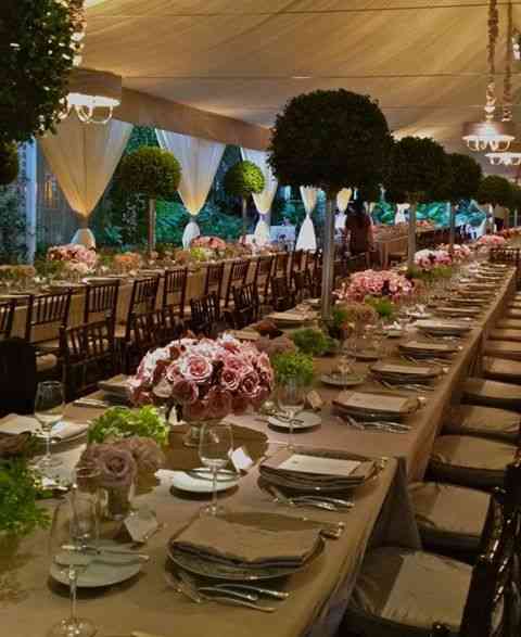 Este almoço de casamento ficou lindo com as árvores salpicadas pelas "big" mesas!