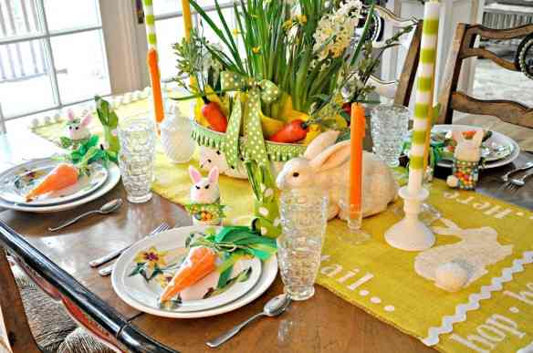 Spring Easter Bunny Table setting Yellow Daffodils Polka Dot 10