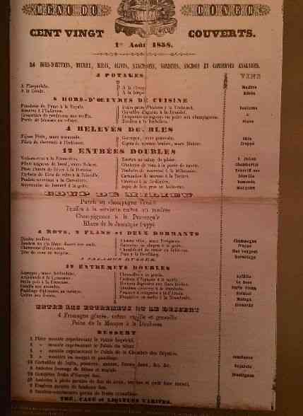Eis a foto do mais antigo cardápio do Brasil, de 1 de agosto de 1858: Punham em destaque o número de participantes do jantar (Cent vingt couverts)