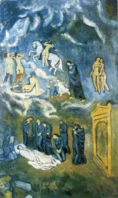No ” Enterro de Cartagemas”, em plena “Fase Azul”, outra homenagem ao amigo Carlos, Picasso vai atrás de El Greco e seu emblemático ” O Enterro do Conde de Orgaz”, para sua inspiração… Fiquei pasma diante dele por sua beleza, por nunca tê-lo visto, nem reproduzido e por ser “O Conde de Orgaz” meu El Greco favorito…