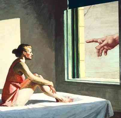 Esta linda colagem,,  misturando o realismo de Edward Hopper com o renascentista Michelangelo