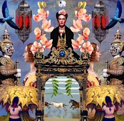 Algumas vezes, as colagens são animadas, como aqui, milkshake de Frida Kahlo com Rivera e até Botticelli) em que os cavalos corem: Muito lindo! 