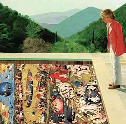 Achei genial o personagem do pintor inglês David Hockney debruçado olhando um 'inferno" by  Boch
