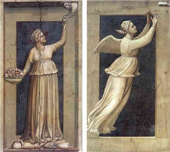 Além das cenas mencionadas, Giotto também fez afrescos de alegorias das virtudes e vícios... Como este da Caridade. É tão perfeito que Proust o cita para definir as feições de uma personagem!