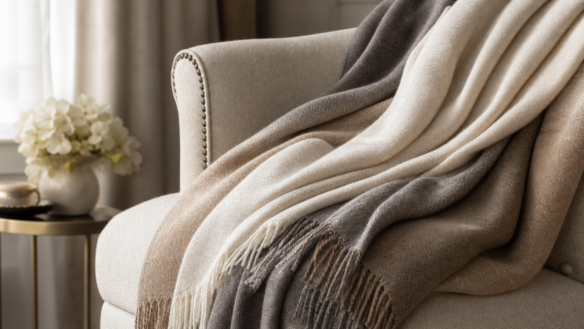 Imagem editorial de luxo com xale de cashmere em ambiente sofisticado