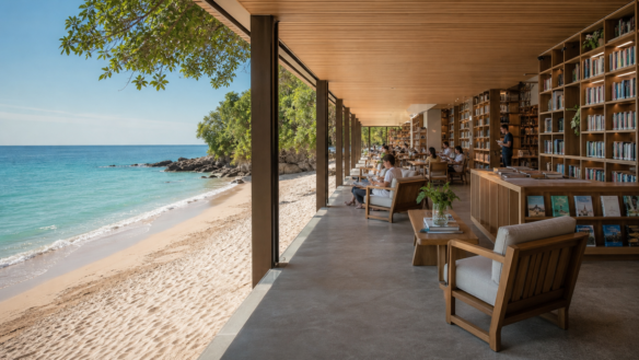 Imagem editorial de biblioteca de praia moderna e inspiradora