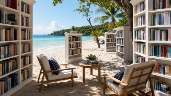 Imagem editorial de biblioteca na praia