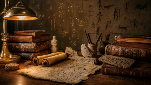 Imagem editorial sobre língua, manuscritos e estudo