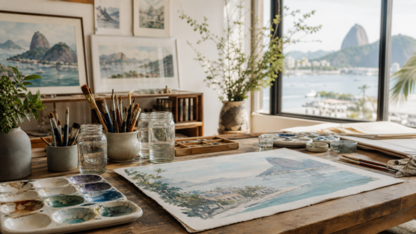 Imagem editorial da artista Lúcia Bromberg e suas aquarelas