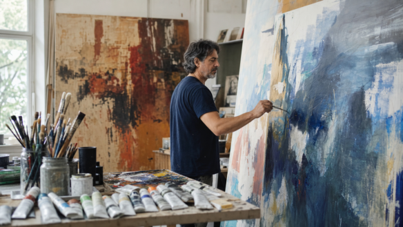 Imagem editorial do artista Luiz Ernesto pintando